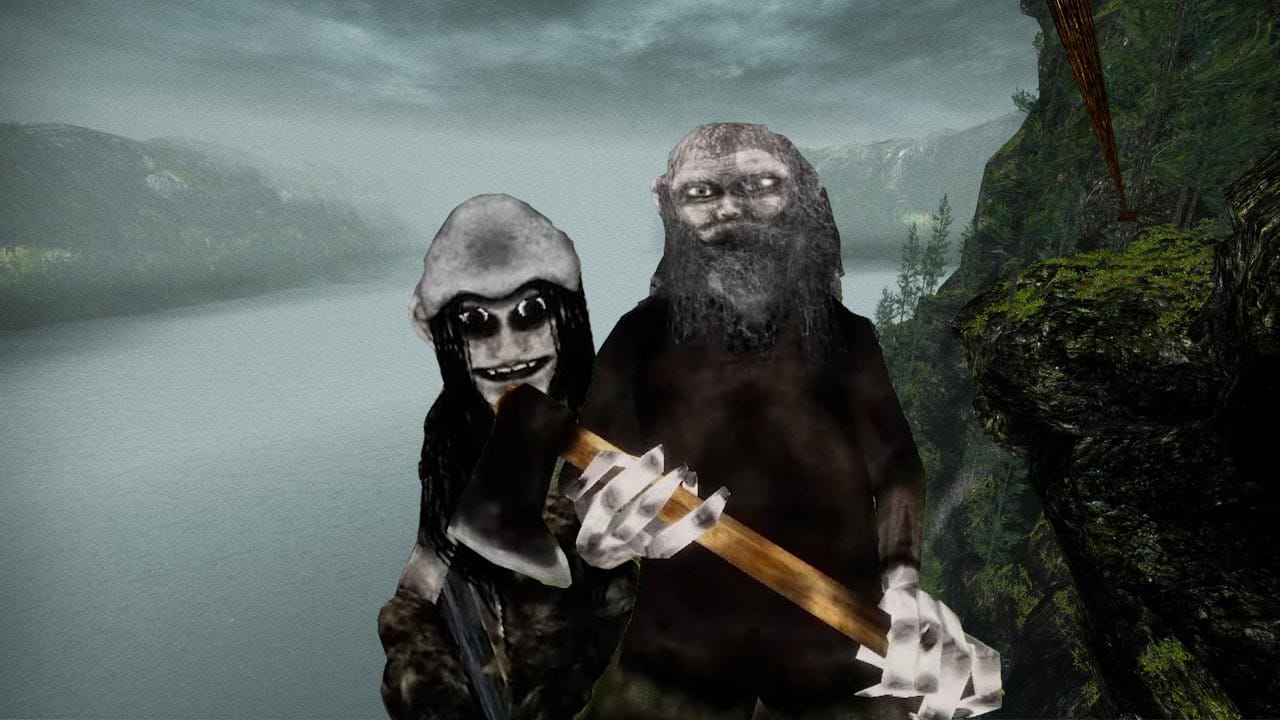 Two pale, ragged villagers, one holding an axe, in front of a misty fjord and a mossy cliff in Northern Journey