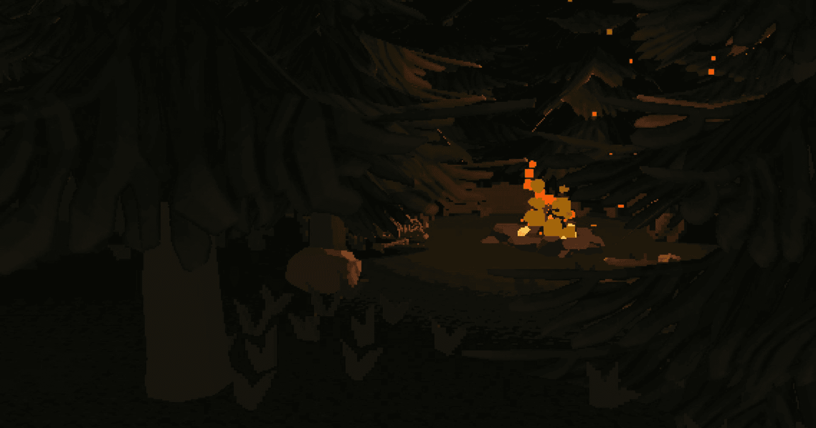 A lone campfire burning in a clearing, surrounded by dark pixelated spruce forest