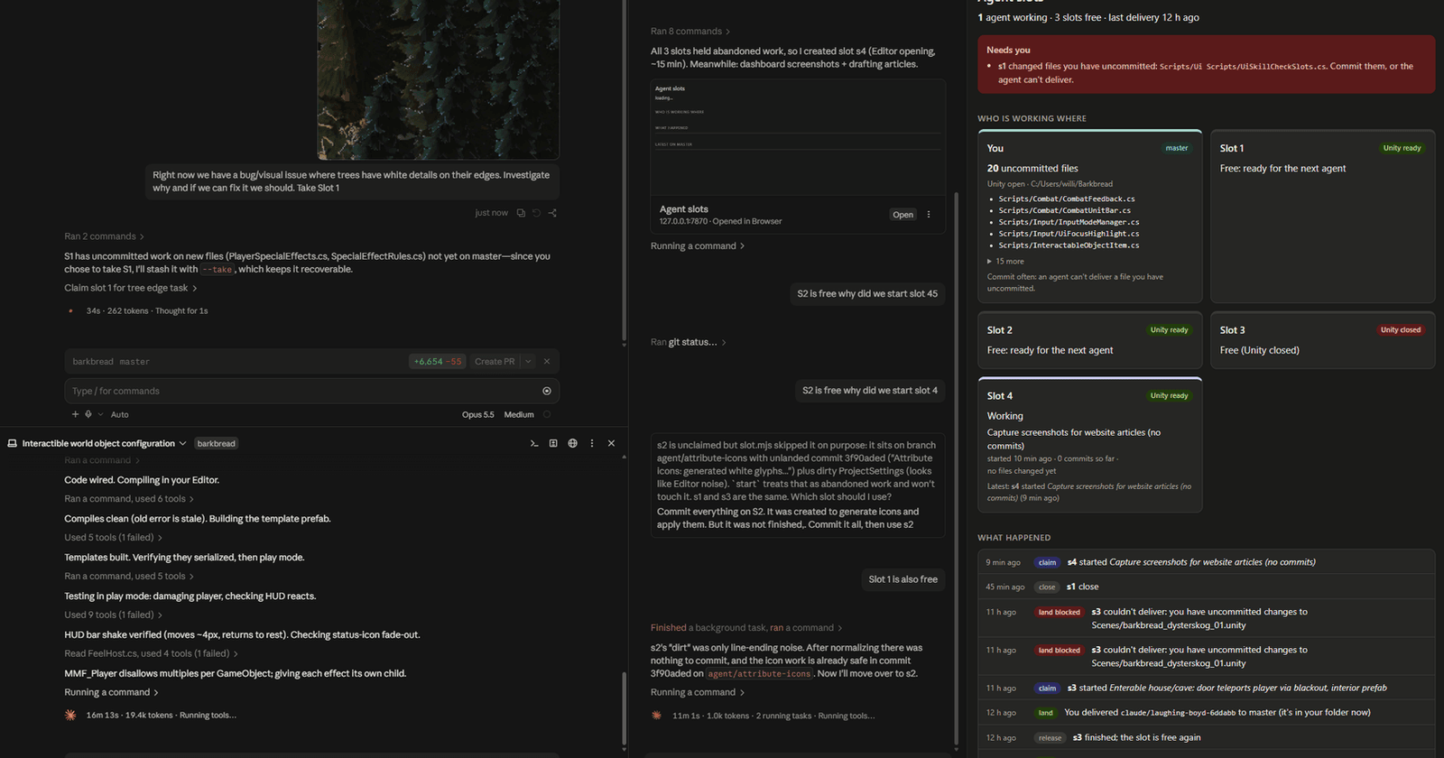 Two AI coding sessions working on Barkbread side by side, next to a dashboard showing which agent holds which Unity slot