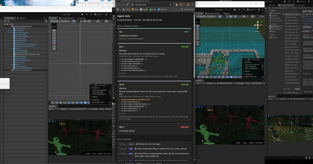 Several Unity Editors open side by side around the Agent slots dashboard, which shows two agents working and one slot free